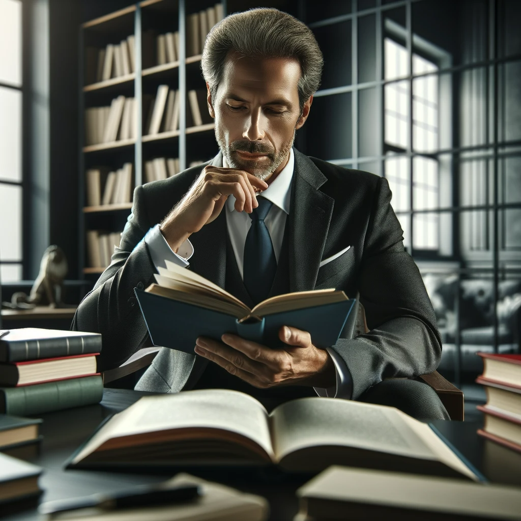 Un leader réfléchi, homme caucasien d'âge moyen, assis dans un bureau moderne et organisé, entouré de livres, lisant attentivement