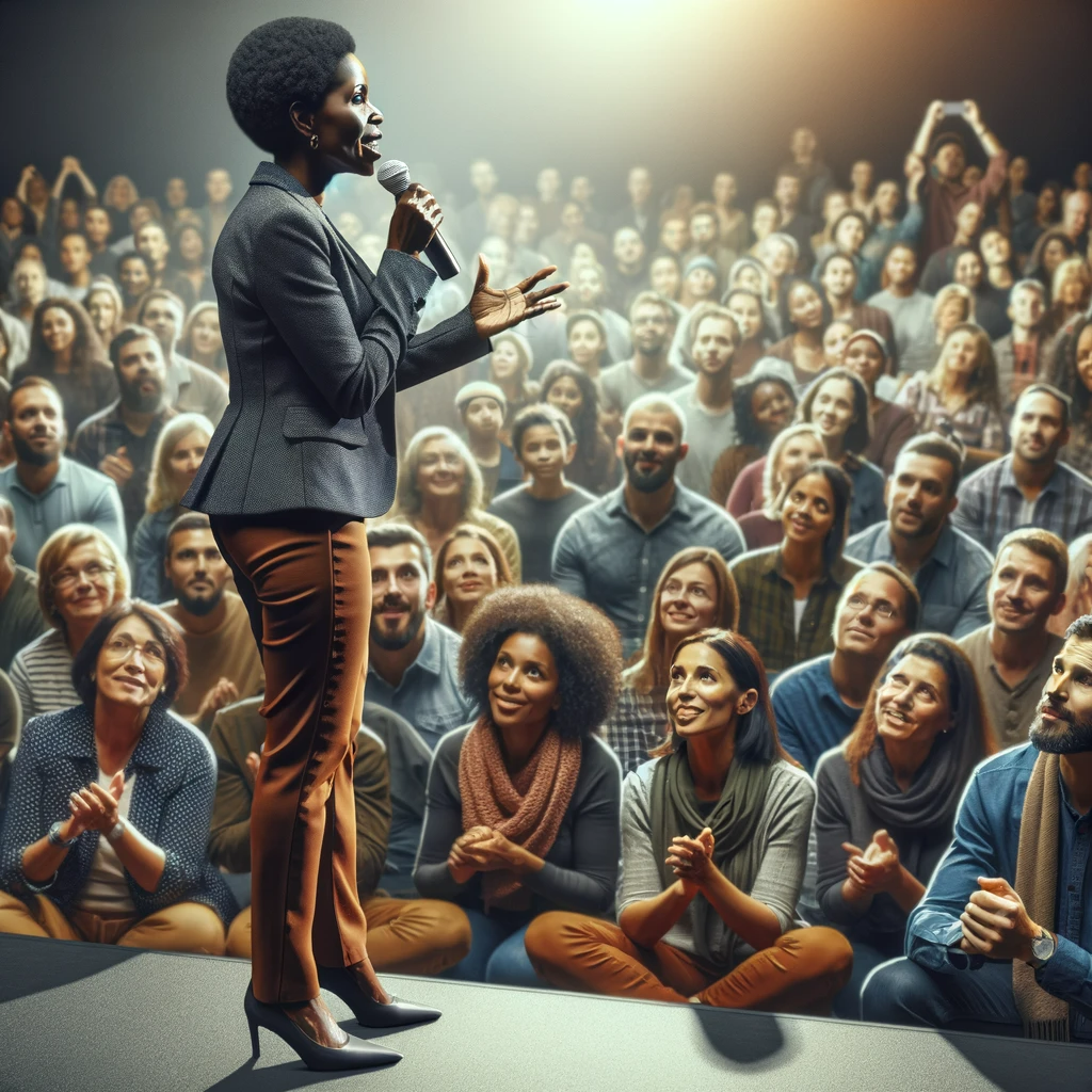 Une leader charismatique, femme noire d'âge moyen, parlant avec passion à une foule diverse et inspirée