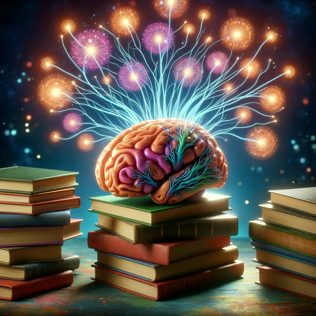 Un cerveau lumineux avec des livres et des neurones en croissance