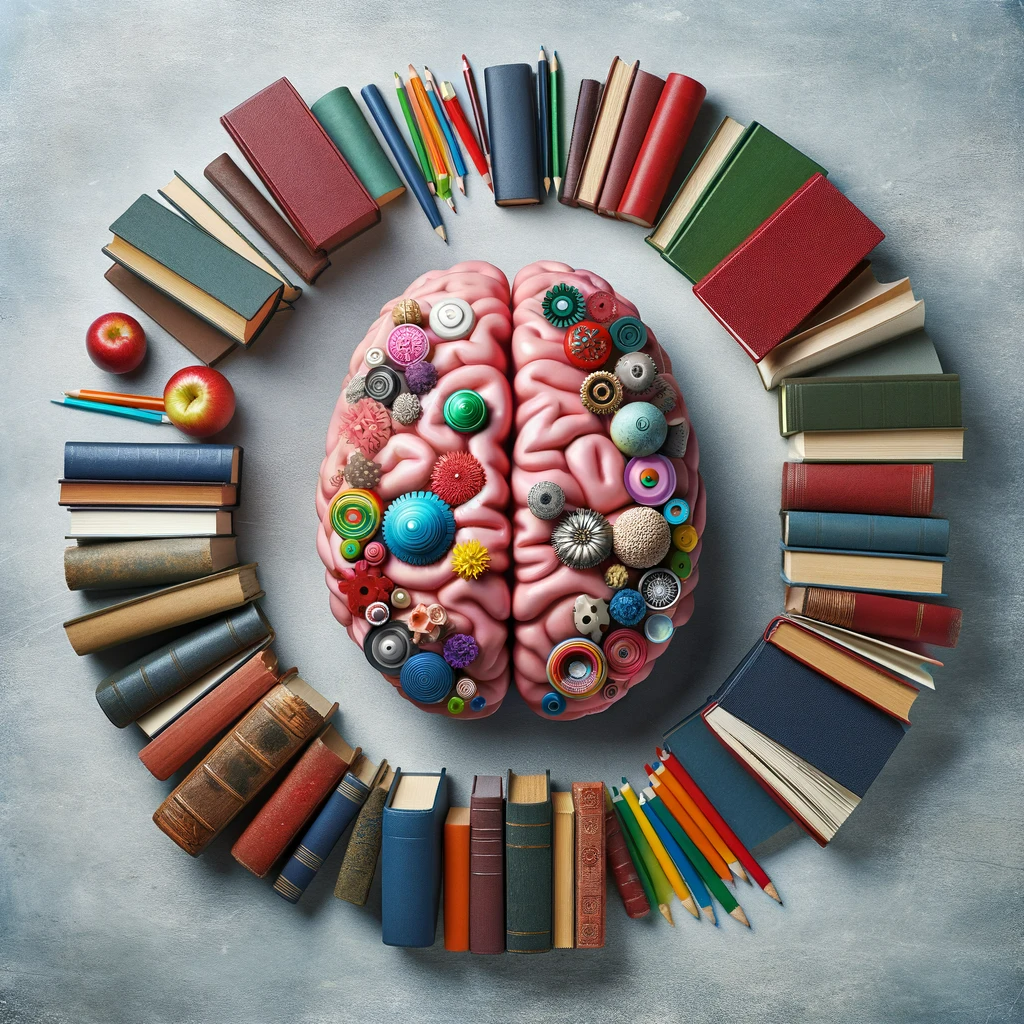 Des livres variés entourant un cerveau, symbolisant la santé cérébrale