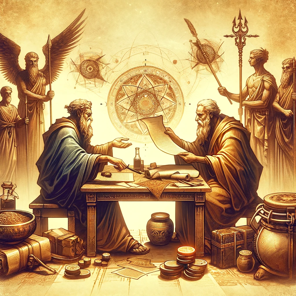 Des marchands anciens échangeant des biens avec des contrats écrits sur une table.