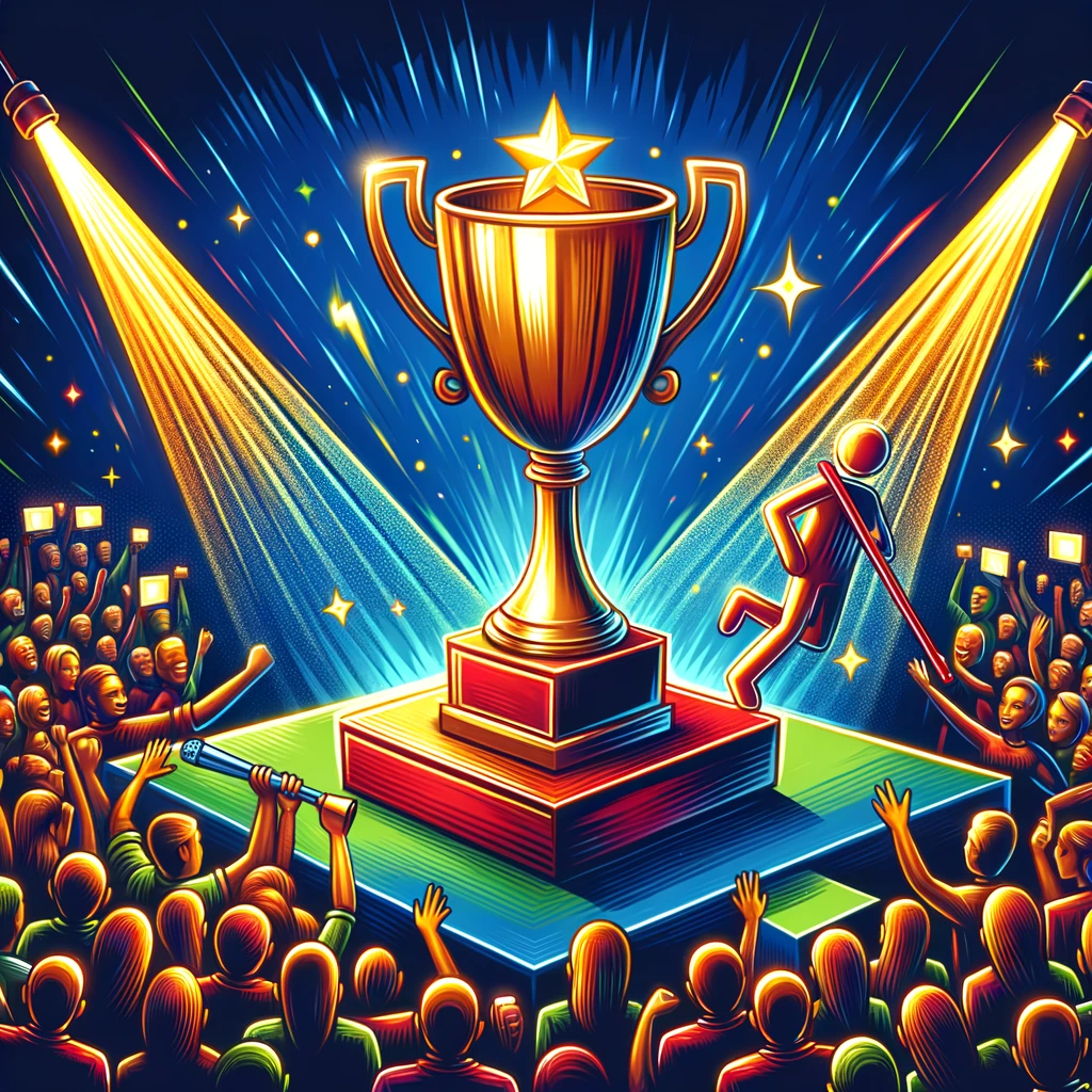 Une illustration vibrante dépeignant le concept de devenir numéro un sur le marché, montrant un trophée, une foule de fans, et des projecteurs
