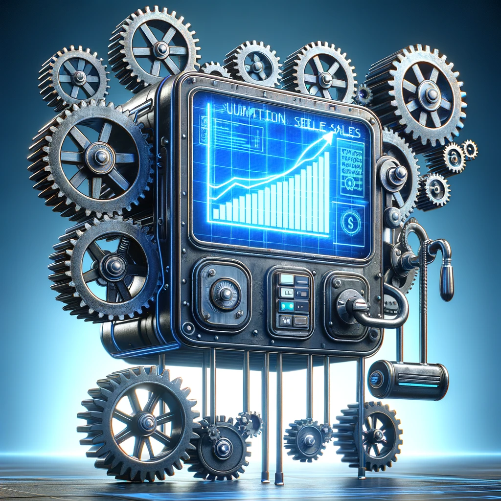 Une image conceptuelle d'une machine à vendre, symbolisant l'automatisation des ventes, avec des engrenages et des écrans numériques.