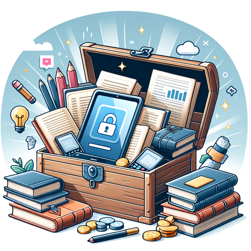 Un coffre au trésor débordant de livres, de documents et d'une tablette numérique, soulignant la valeur de partager des informations précieuses